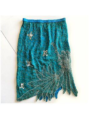 Vintage 80's Silk Turquoise Sequin Beaded Skirt